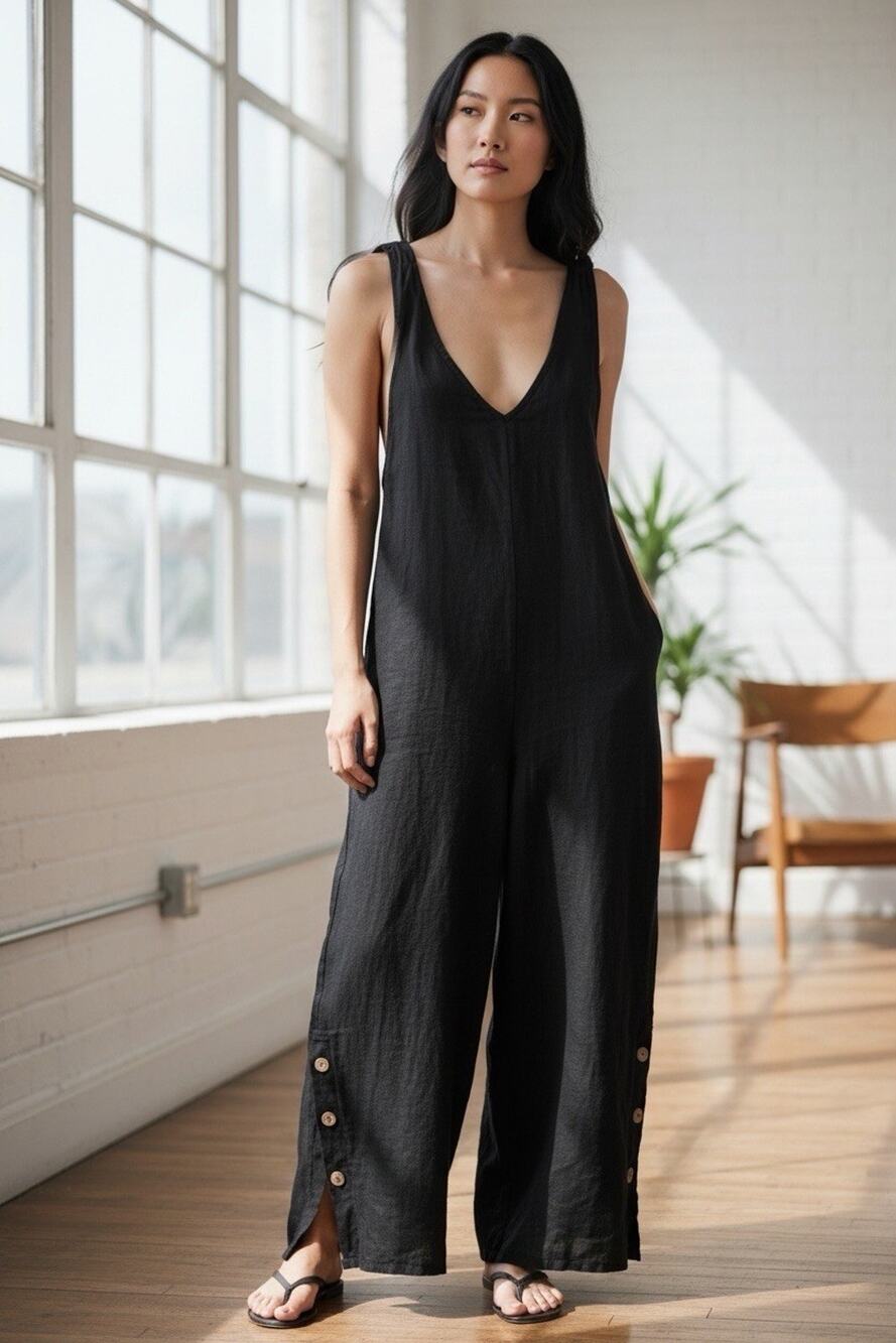 Tempo Paris Women’s Size XL Black 100% Linen Wide Leg Jumpsuit Made in Italy